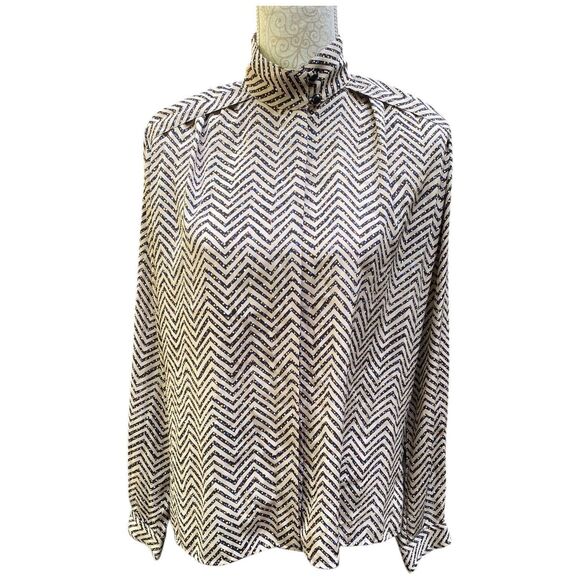 Vintage Helen Fabricant Blouse 10 Chevron Print 80s Office Shoulder Pads Beige - Picture 2 of 12